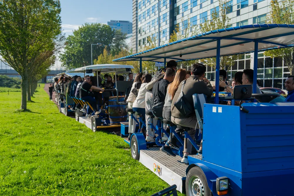 A row of DamTours beer bikes ready for a large group