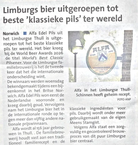Newspaper article: Limburgs bier uitgeroepen tot beste klassieke pils ter wereld